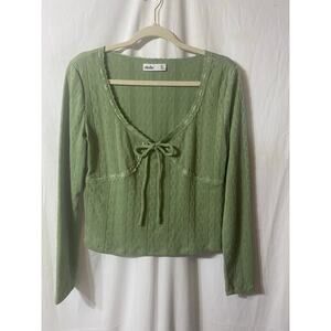 Anthropologie Elodie Sage Green Babydoll Bow Lace Cropped Top Large Y2K